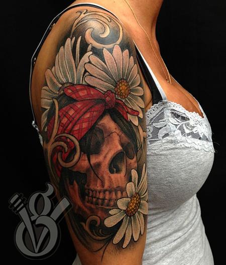 Jon von Glahn - skull bandana floral daisy color arm sleeve tattoo woman female 